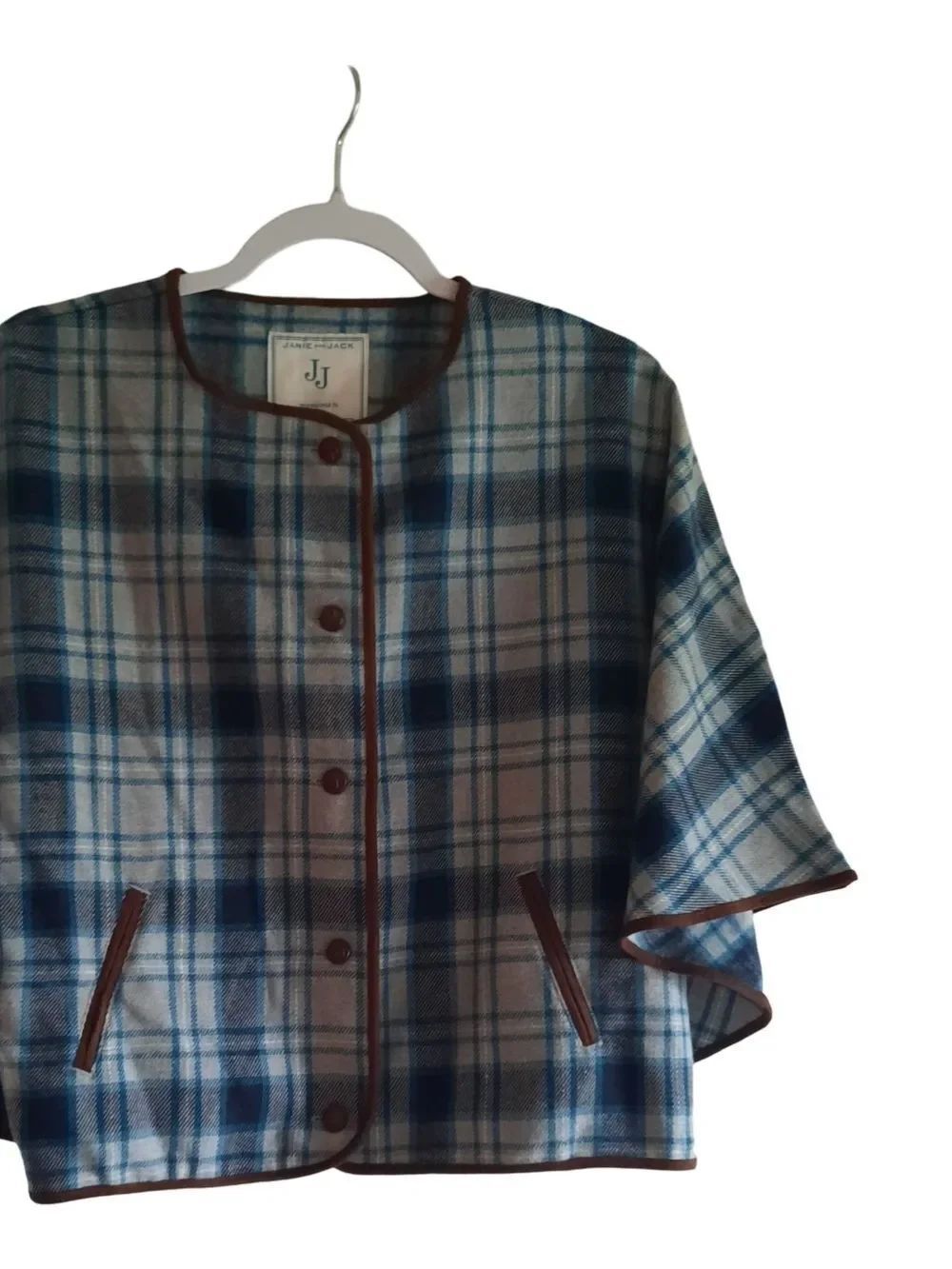 Janie and Jack Blue and Cream Plaid Cape with Brown Trim